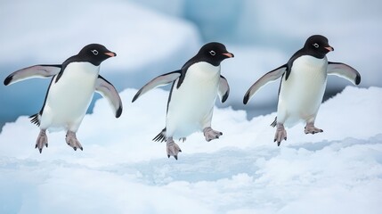 Three Adelie penguins hopping on ice and snow in Antarctica