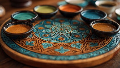 Colorful paint in small bowls, arranged on a round wooden tray decorated with intricate teal and gold mandala