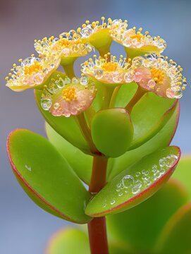 In a lush garden during summer a Halimium plant displays its green leaves and clusters of tiny flower buds each glistening with fresh dew. Natures colors come alive in this vibrant setting