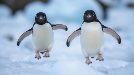 Obraz premium Two Adelie penguins balancing on ice