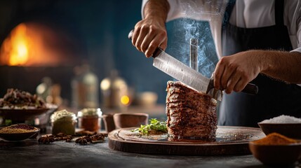 A Turkish chef slicing roasted doner kebab meat with sharp knife