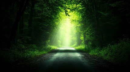 Obraz premium Forest path with a bright sun shining through the trees