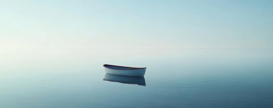 A small boat is floating peacefully on the calm water surface - Powered by Adobe