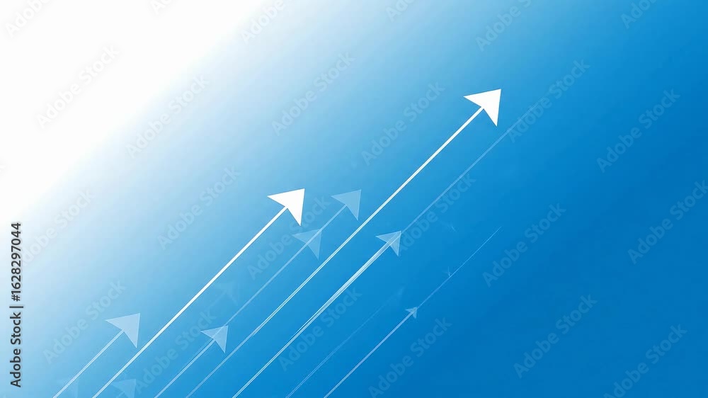 Poster abstract blue background with upward pointing arrows representing growth progress and success
