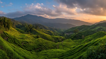 Lush green terraced hills bathed in golden sunset light