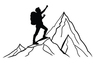 Flat silhouette of a mountain climber reaching the top