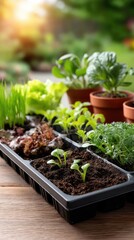 Seedlings grow in garden trays under warm sunlight in a lush outdoor setting during spring planting season