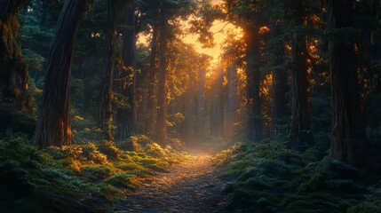 Fototapeta premium Forest path is lit by the sun, creating a warm and inviting atmosphere