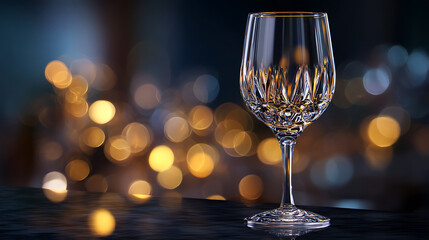 Elegant crystal wine glass on a dark bar with glowing celebration lights