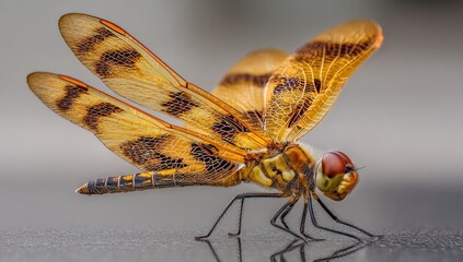 Close-up of a vibrant orange-brown dragonfly with patterned wings, resting on a surface, reflecting in the water below