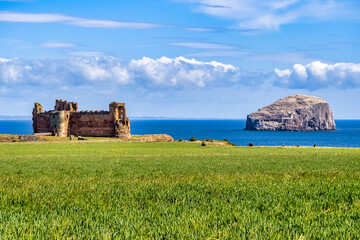 Tantallon Castle and Bass Rock, Seacliff, East Lothian, Scotland.  Bass Rock is a steep sided...