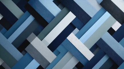 Fototapeta premium Abstract geometric pattern of overlapping, diagonal rectangular shapes in shades of blue, white, and gray
