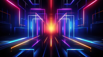 Neon geometric shapes create a vibrant modern environment filled with energetic hues and dynamic patterns