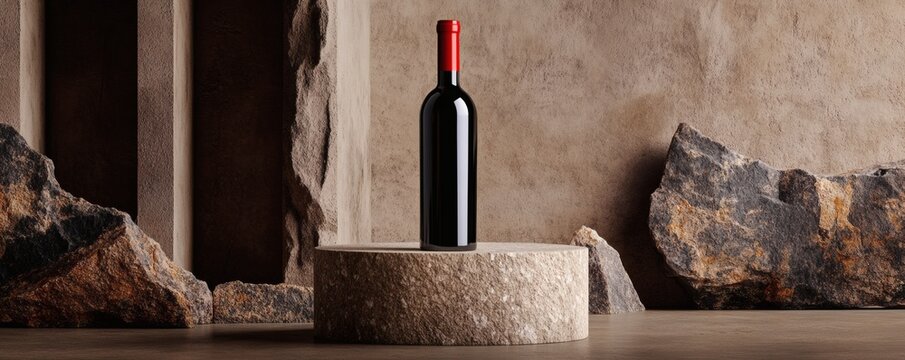 A single bottle of red wine sits atop a stone pedestal