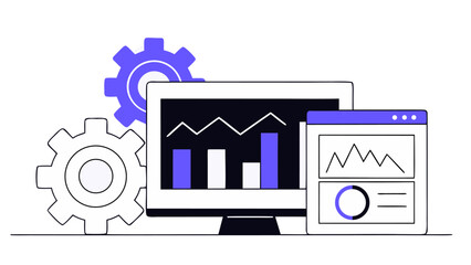 Abstract SEO Dashboard with Spinning Gears, Rising Ranking Charts, and Glowing Website Metrics in a Futuristic Digital Environment