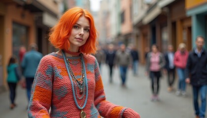 Vibrant orange-haired woman in cozy sweater strolls through colorful city street on brisk autumn day