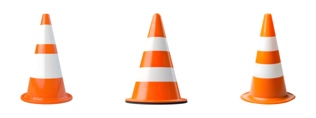 Set of orange and white traffic cone isolated on transparent background, PNG format, cut out