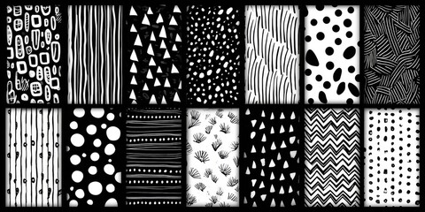 Collection of twelve black and white abstract patterns
