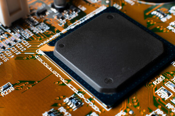 Electronic board close-up. Macro shot of a modern video card with a diagram