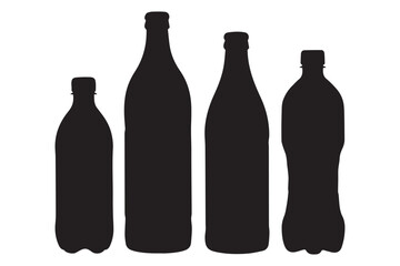 Vector art of silhouette of various plastic bottles in different shapes and sizes arranged together on a white background