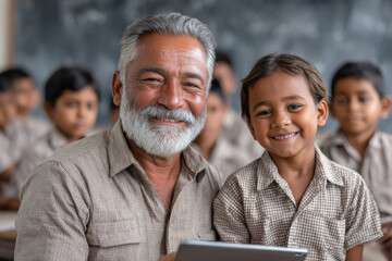 indian Rural classroom with digital learning - Indian modern Teacher showing students how to use tablet