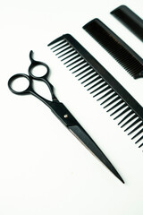 Professional Hair Cutting Tools: Scissors and Combs on White Background