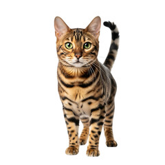 Bengal cat with distinctive markings walking towards the camera isolated on transparent background