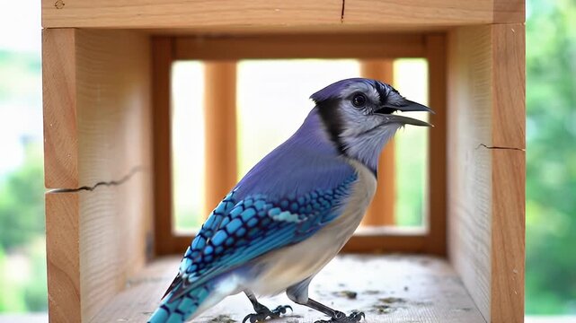 Blue jay perched inside a wooden birdhouse, looking and calling outwards