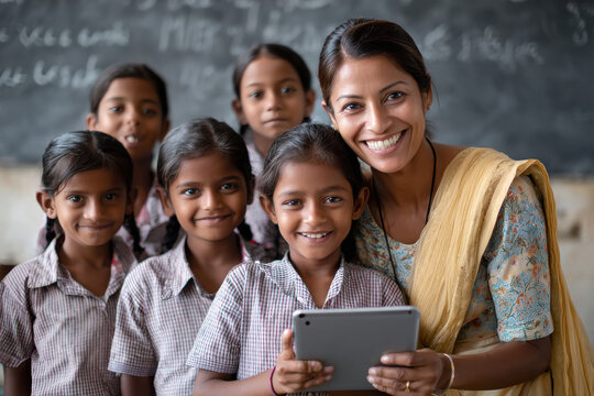 Indian Rural classroom with digital learning - Indian modern Teacher showing students how to use tablet