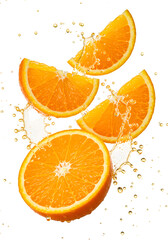 A vibrant image of sliced oranges, including a full cross-section several wedges, arranged dynamically and caught in a splash of translucent orange juice. Isolated on a white background. PNG format