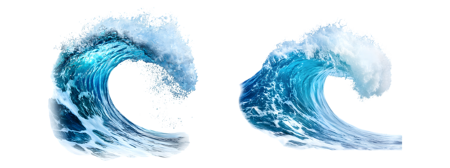 Powerful crashing ocean wave with vibrant blue and white foam isolated on transparent background, PNG format, cut out