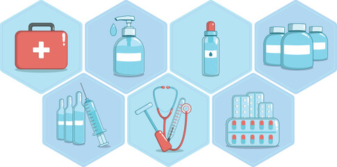 Hexagon Medical Icon Set First-Aid Kit, Sanitizer Dispenser, Spray Bottle, Medicine Jars, Ampoules with Syringe, Diagnostic Tools, Blister Packs Flat Vector Badges for Healthcare UI, Apps Infographics