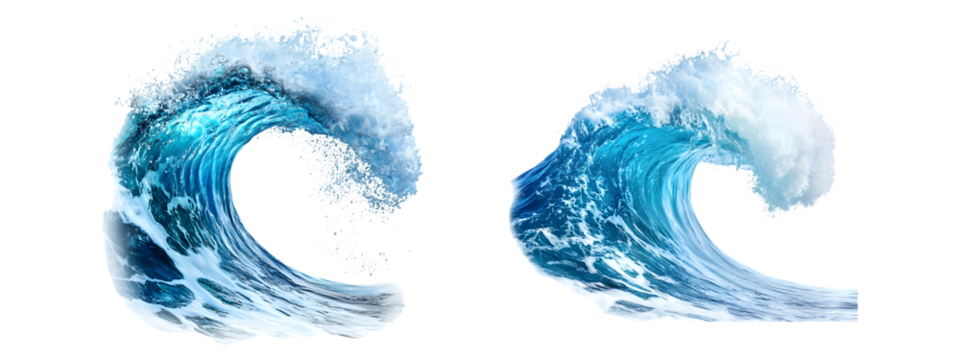 Powerful crashing ocean wave with vibrant blue and white foam isolated on transparent background, PNG format, cut out