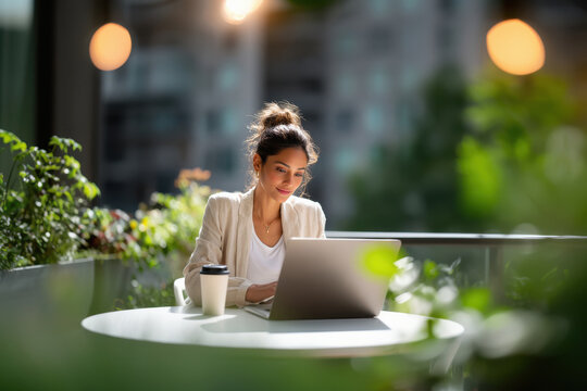young beautiful woman using laptop sitting in the apartment balcony - Powered by Adobe