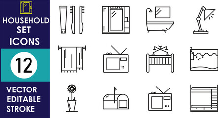 Household set icons include door, shampoo bottles, vase, TV, showcase, rocking chair, light, fence, house, hanger, iron, sink
