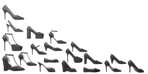 Black collection of women's shoe isolated on transparent background. Banner template. Copy space. 3D illustration.