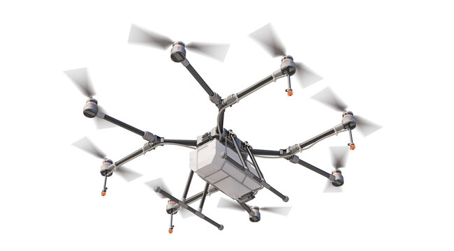 Agriculture drone initiating vertical takeoff. Bottom view isolated on a transparent background. Innovative agricultural technology. 3D illustration.