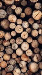 Close-up view of stacked, circular logs.  Various shades of brown wood.  Natural textures and patterns