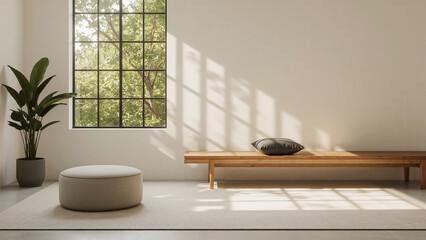 Bright Interior with Window, Plant, Pouf, and Wooden Bench with Pillow room decor