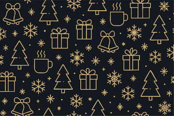 Christmas and Winter Icons Pattern in Minimalist Gold Outline