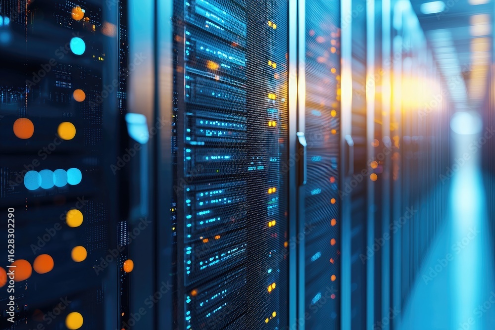 Poster server rack in high-tech data center with blue and orange led lights and bright hallway glow, perfec