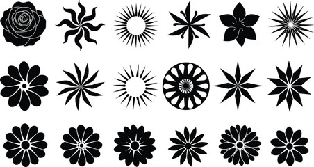 Black flower silhouette set, abstract floral icons, petal and blossom shapes, decorative botanical vector elements, mandala inspired flower designs