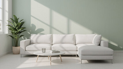 Fototapeta premium Bright Living Room with White Sectional Sofa and Potted Plant interior