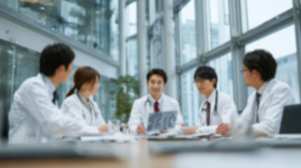 Japanese doctors and nurses in white coats, discussing X-ray images of a patient's head at a conference table, blur background.