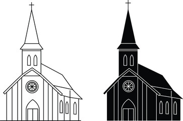 Church illustration set, black and white comparison, steeple design, architectural elements, religious structure, vector drawing, detailed building, minimalist art