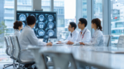 Japanese doctors and nurses in white coats, discussing X-ray images of a patient's head at a conference table blur background.