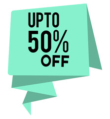 a modern, eye-catching up to 50% off tag, yellow ribbon vector, great deal commercial offer sticker, marketing banner graphic