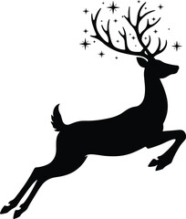 Elegant reindeer silhouette with starry antlers in mid-leap, perfect vector illustration for Christmas, fantasy, wildlife, winter decor, festive design