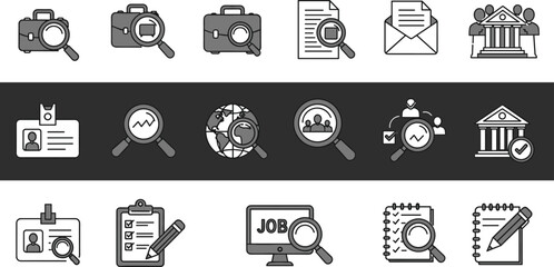 Job search icon set, employment and recruitment graphics, magnifying glass symbols, career application icons, global hiring, ID verification illustrations