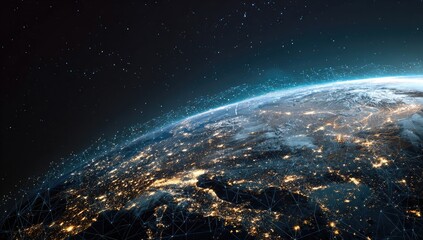 Obraz premium Earth at night, network of connections. A view of the Earth at night, with city lights visible. A complex network of lines connecting various points on the globe. Stars and a dark space background